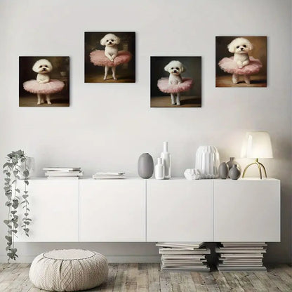 4pcs Ballet Puppy In Pink Tutu Wall Art Canvas Framed
