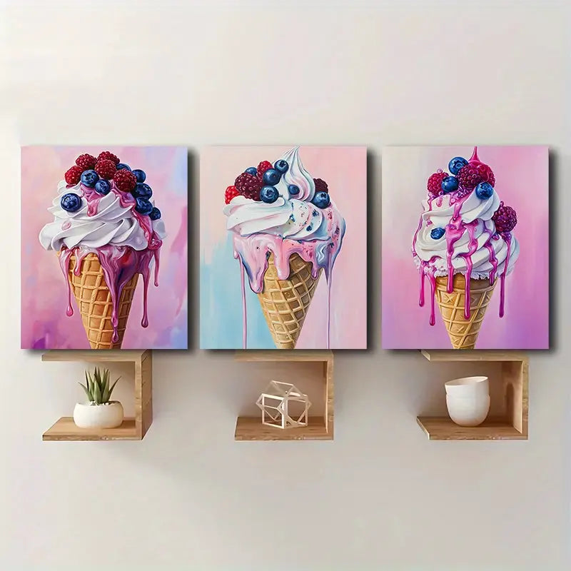 3pcs Ice Cream Cone Design With Pink & Swirls Metal Print Ready to Hang Art