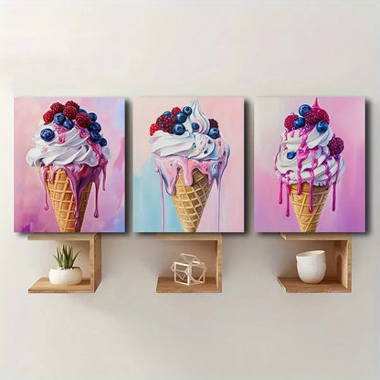 3pcs Ice Cream Cone Design With Pink & Swirls Metal Print Ready to Hang Art