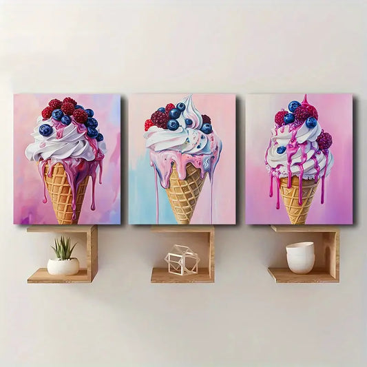 3pcs Ice Cream Cone Design With Pink & Swirls Metal Print Ready to Hang Art