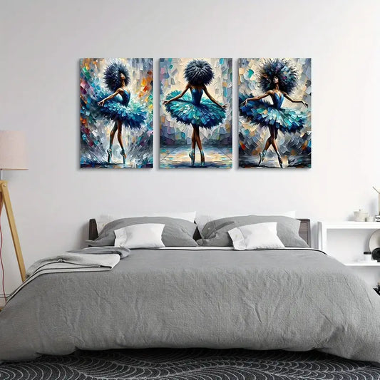 3pcs Blue Dancing Ballerina Metal Print Ready to Hang Art