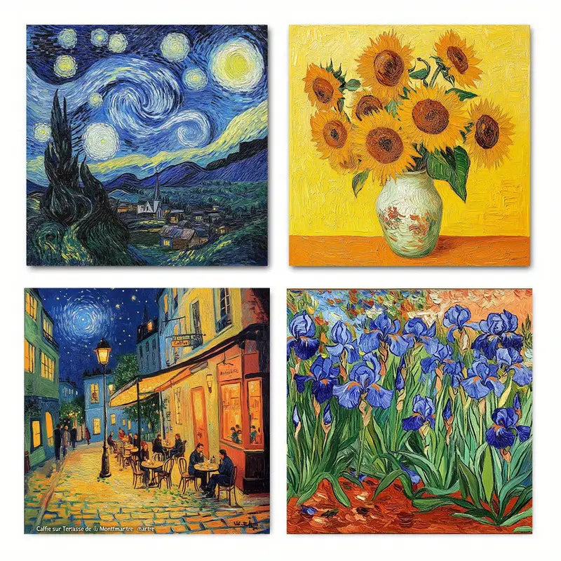 4pcs Stylish Art  Starry Night Sunflowers    Wall Art Canvas Framed