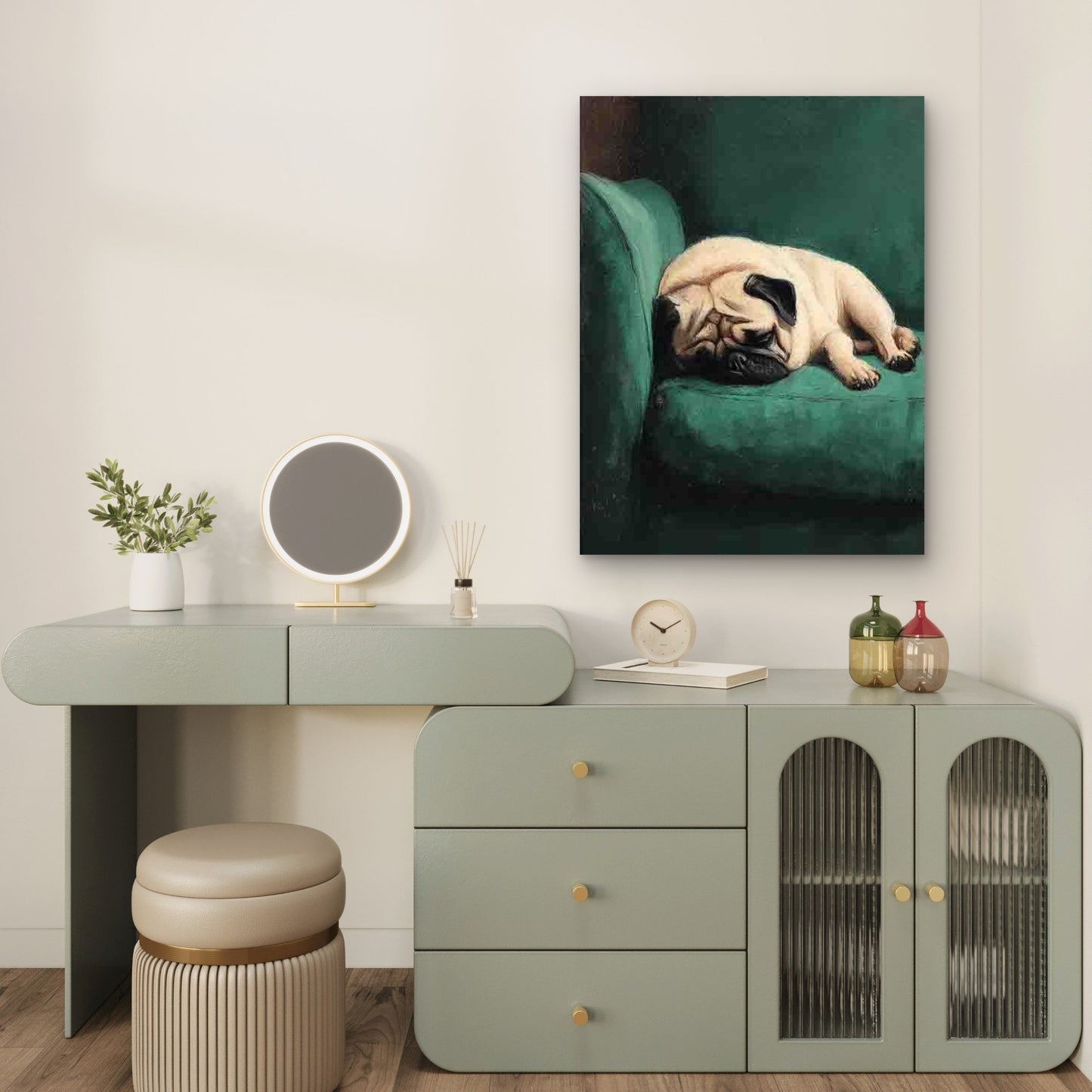 Sleeping Pug Dog on Green Couch 60x90cm Metal Print Ready to Hang