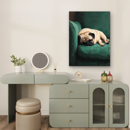 Sleeping Pug Dog on Green Couch 60x90cm Metal Print Ready to Hang