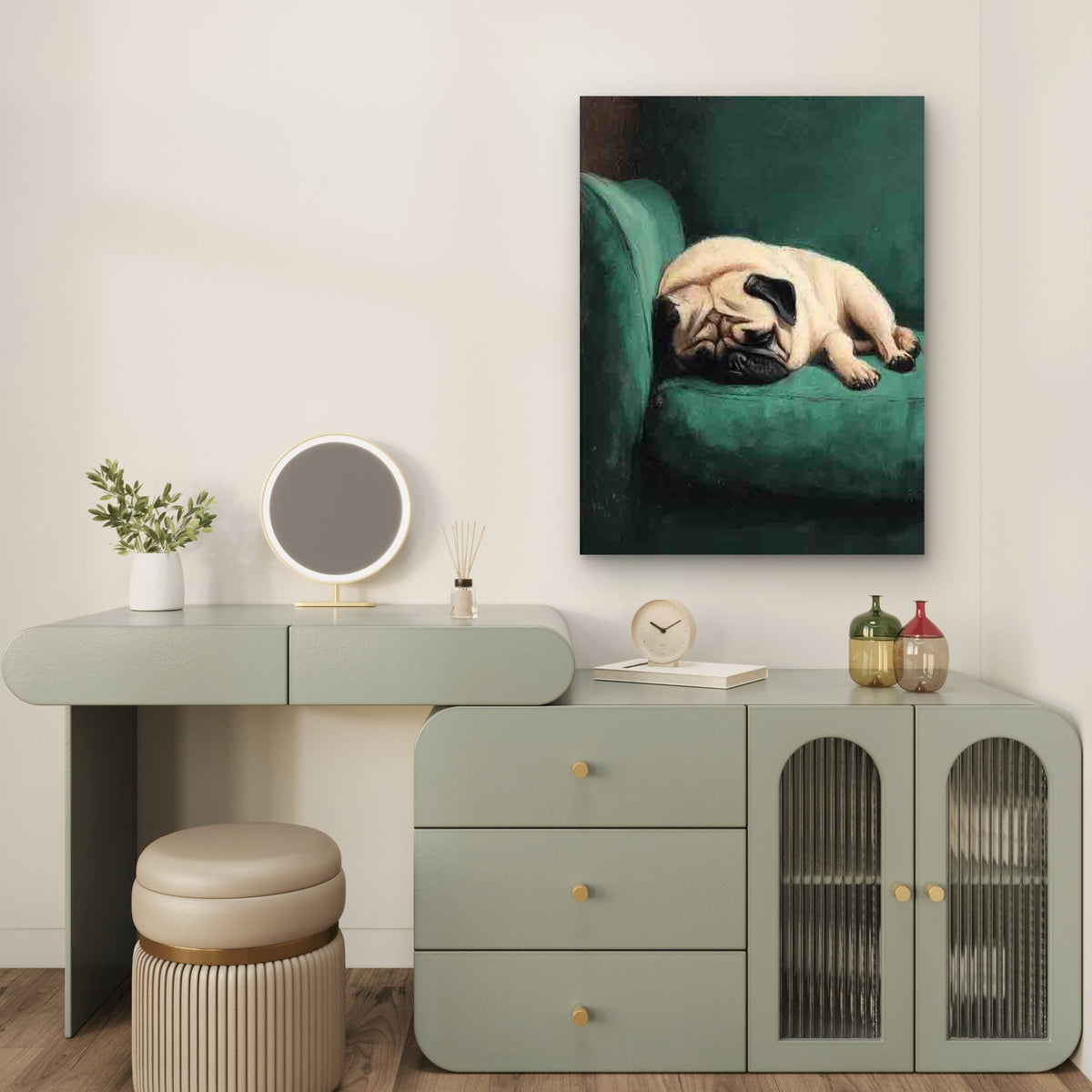 Sleeping Pug Dog on Green Couch Metal Print Ready to Hang
