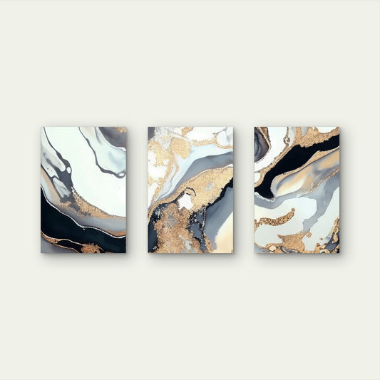 3pcs Modern Abstract Marble Fluid Luxe Design Metal Print Ready to Hang Art