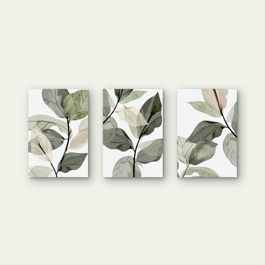 3pcs Green Botanical Watercolor Leaf Wall Art Set Canvas Framed 60x90cm - High Quality Print 100% Australian Made Wall Canvas Ready to Hang