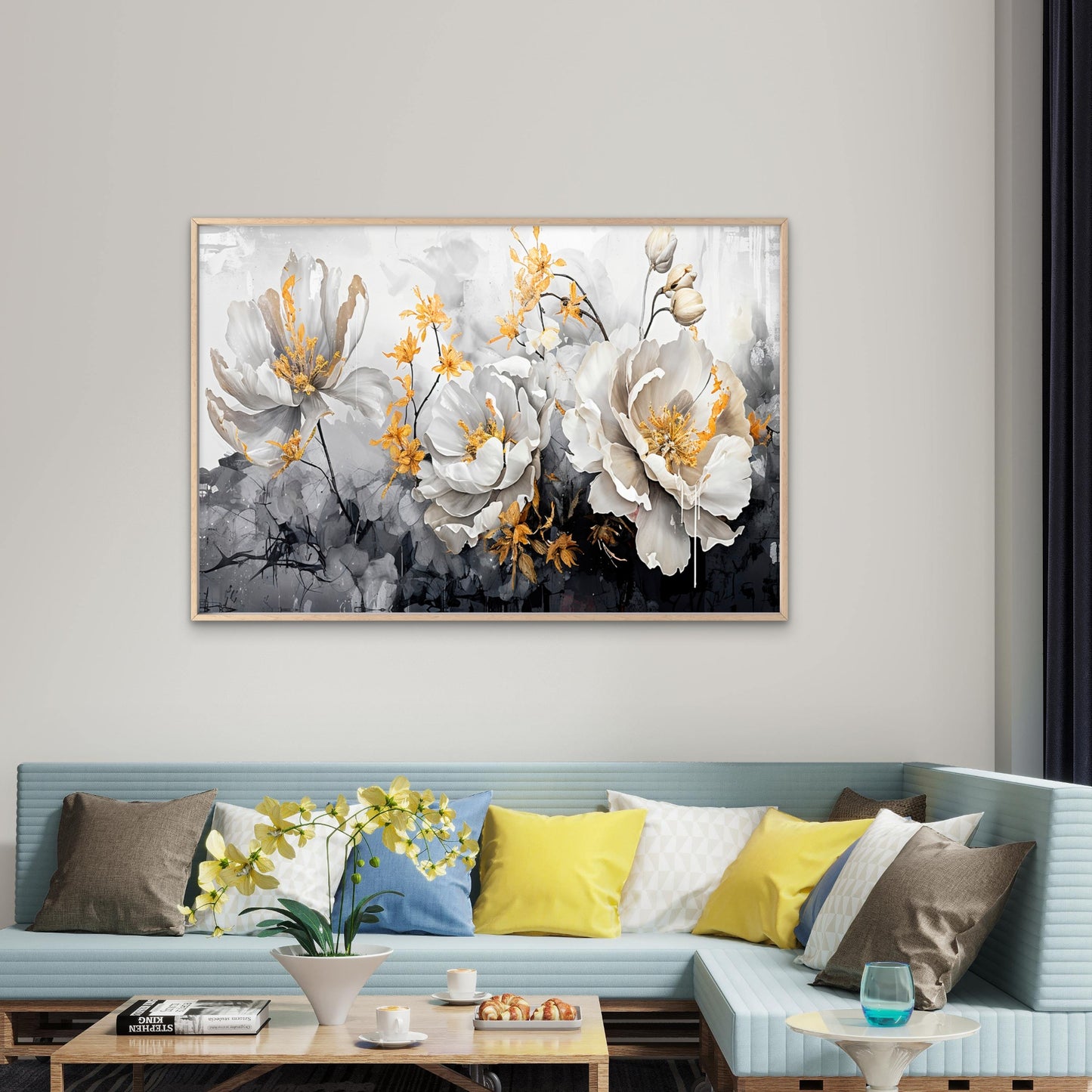 Black Golden Touched White Flowers Wall Art Decor 100% Australian Made