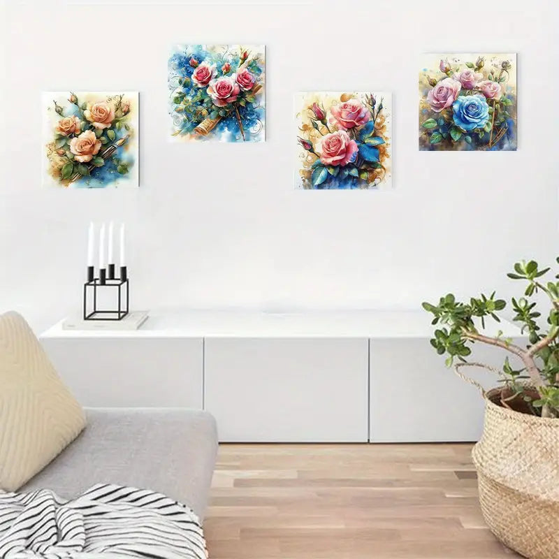 4pcs Blue And Pink Rose Boquet Wall Art Canvas Framed