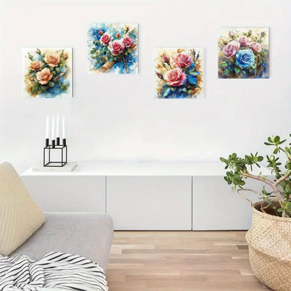 4pcs Blue And Pink Rose Boquet Wall Art Canvas Framed