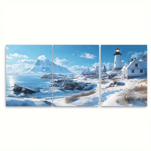 3pcs New England Winter Coastline Wall Art Set Canvas Framed 60x90cm - High Quality Print 100% Australian Made Wall Canvas Ready to Hang