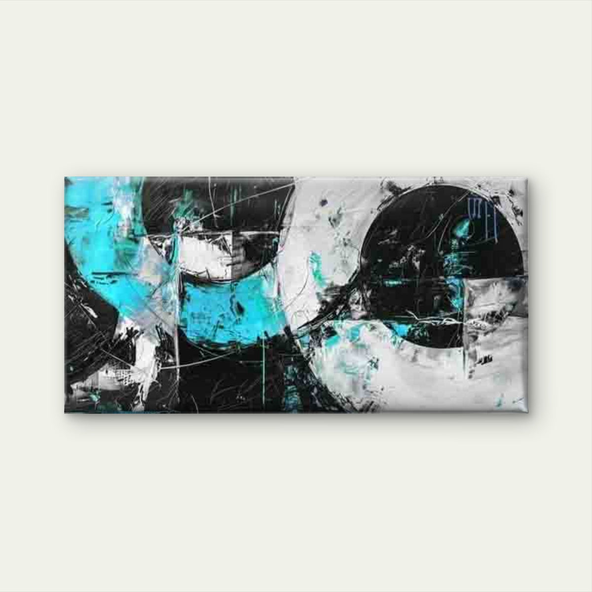 Abstract Blue And Black Circles Wall Art Canvas Office Home Room Framed 120x60cm