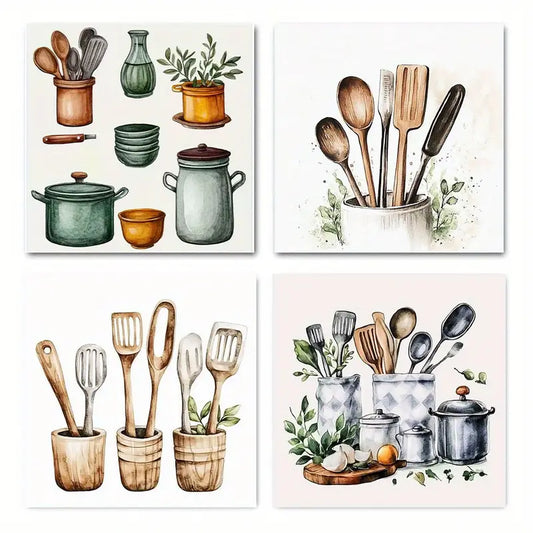4pcs Vintage Kitchen Utensils Watercolor  Wall Art Canvas Framed