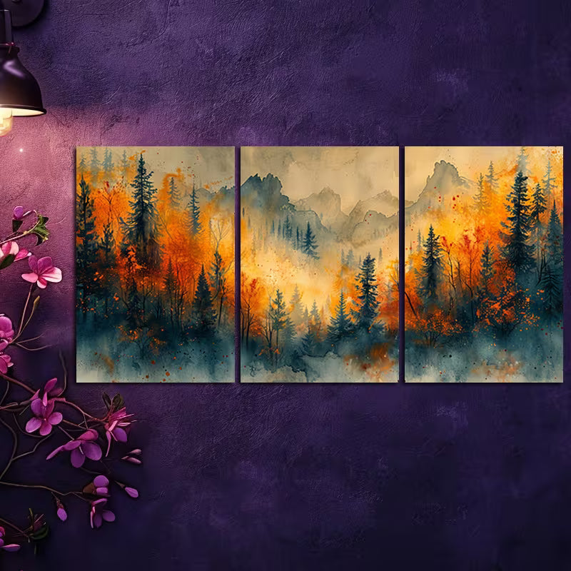 3pcs Misty Forest Scenery with Vibrant Autumn Wall Art Set Canvas Framed 60x90cm - High Quality Print 100% Australian Made Wall Canvas Ready to Hang