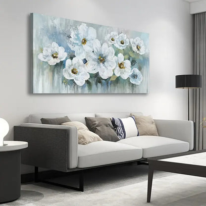 Rustic White Flowers Abstract Floral Wall Art canvas office home room framed 120x60cm
