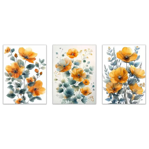 3pcs Yellow And Grey Flowers Botanical Art Wall Art Set Canvas Framed 50x70cm - High Quality Print 100% Australian Made Wall Canvas Ready to Hang