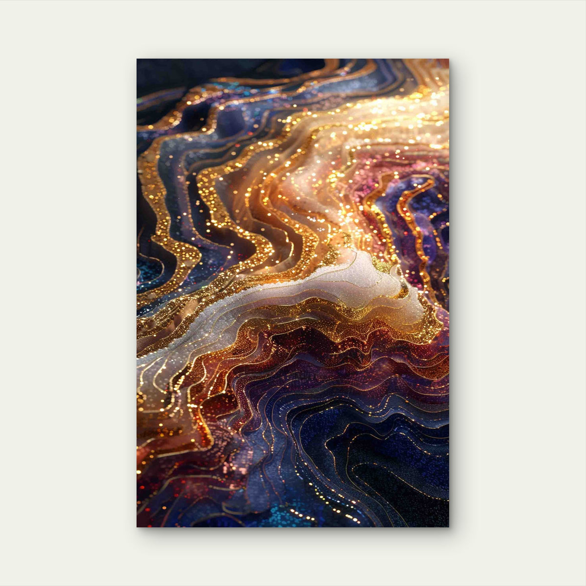 Glistening Sapphire and Amber Geode Flow 60x90cm Metal Print Ready to Hang