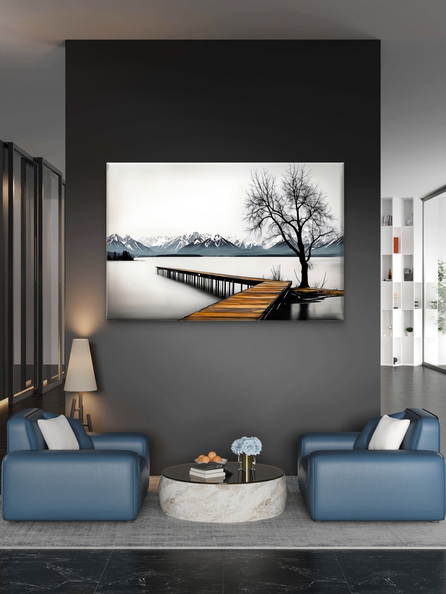 Black And White Wooden Pier Tree Lake Wall Art Decor 100% Australian Made