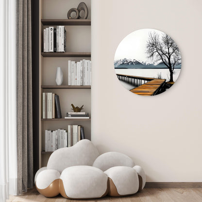 Black And White Wooden Pier Tree Lake Acrylic Glass Rounded Print Tempered Glass Wall Art 100% Made in Australia Ready to Hang