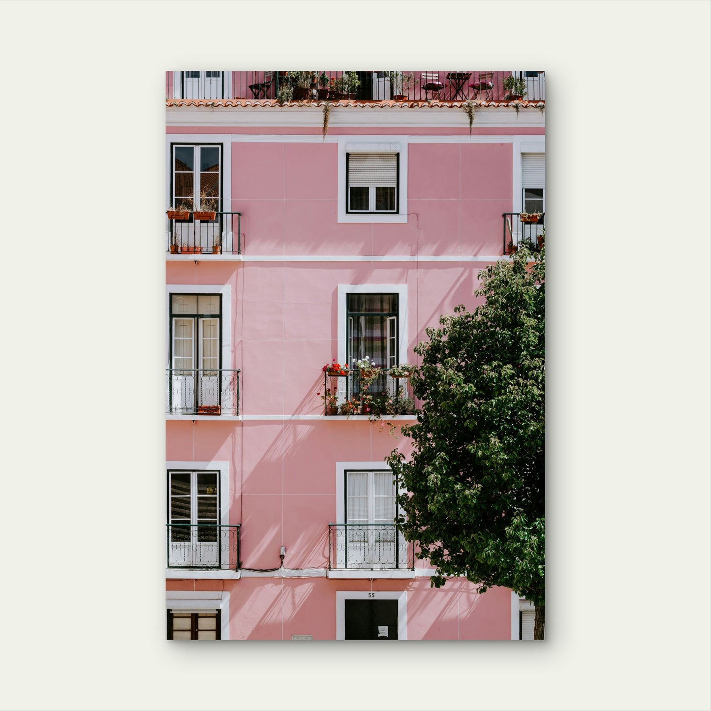 Photograph Of A Pink Commercial Building Lisbon Portugal 60x90cm Metal Print Ready to Hang