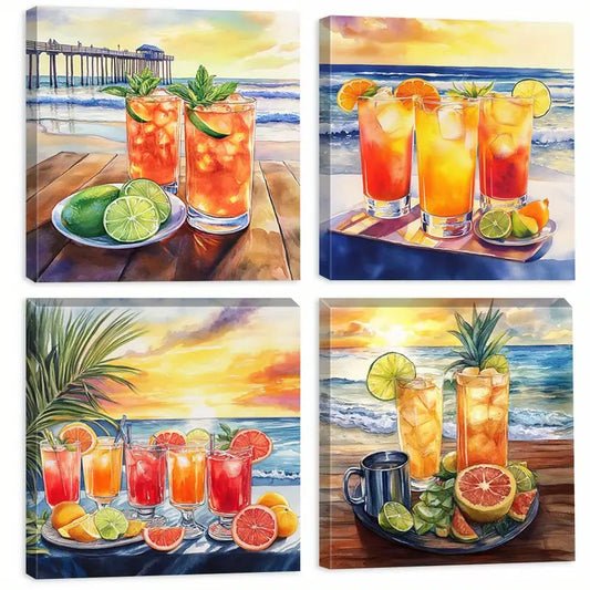 4pcs Tropical Drinks Canvas Printt Wall Art Canvas Framed