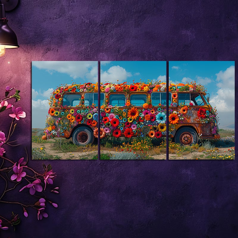 3pcs Vibrant Floral Bus Design Wall Art Set Canvas Framed 50x70cm - High Quality Print 100% Australian Made Wall Canvas Ready to Hang
