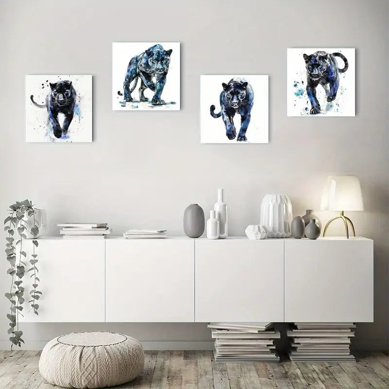 4pcs watercolor of a black leopard    Wall Art Canvas Framed
