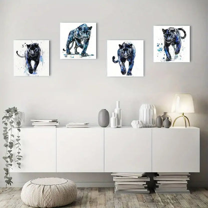 4pcs watercolor of a black leopard    Wall Art Canvas Framed