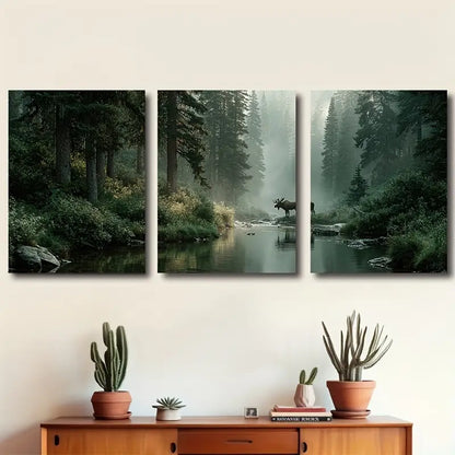 3pcs Canadian Poplar Forest Moose Scene Wall Art Set Canvas Framed 60x90cm - High Quality Print 100% Australian Made Wall Canvas Ready to Hang