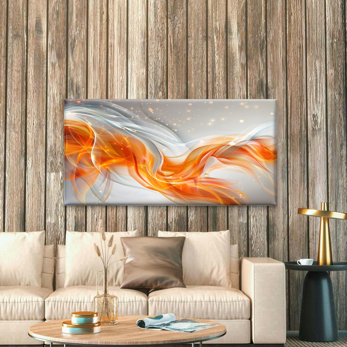 Dynamic Orange Flowing Waves Wall Art Canvas Office Home Room Framed 120x60cm