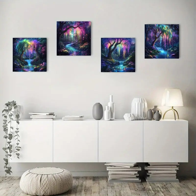 4pcs Enchanting Forest With Colorful Light Wall Art Canvas Framed