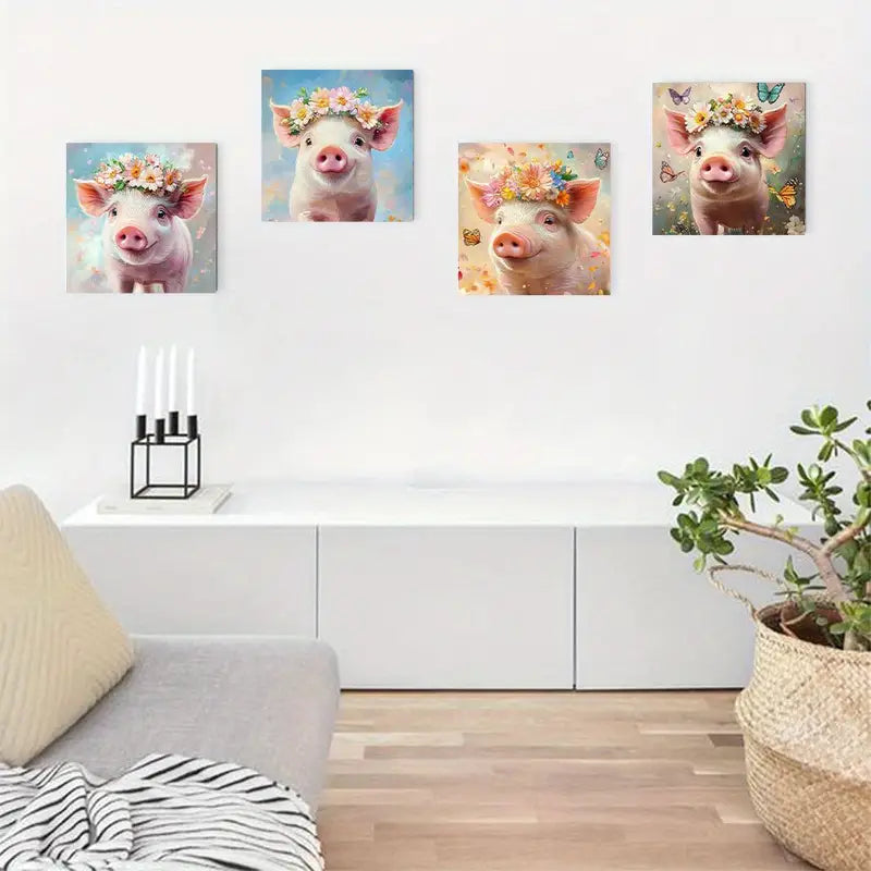4pcs  Painting Funny Piggy and Pink  Wall Art Canvas Framed