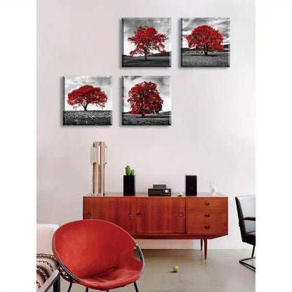 4pcs Red Tree  Wall Art Canvas Framed