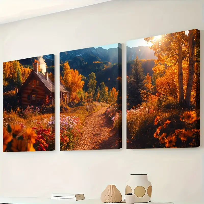 3pcs Autumn Mountain Cabin Trail Scene Wall Art Set Canvas Framed 60x90cm - High Quality Print 100% Australian Made Wall Canvas Ready to Hang