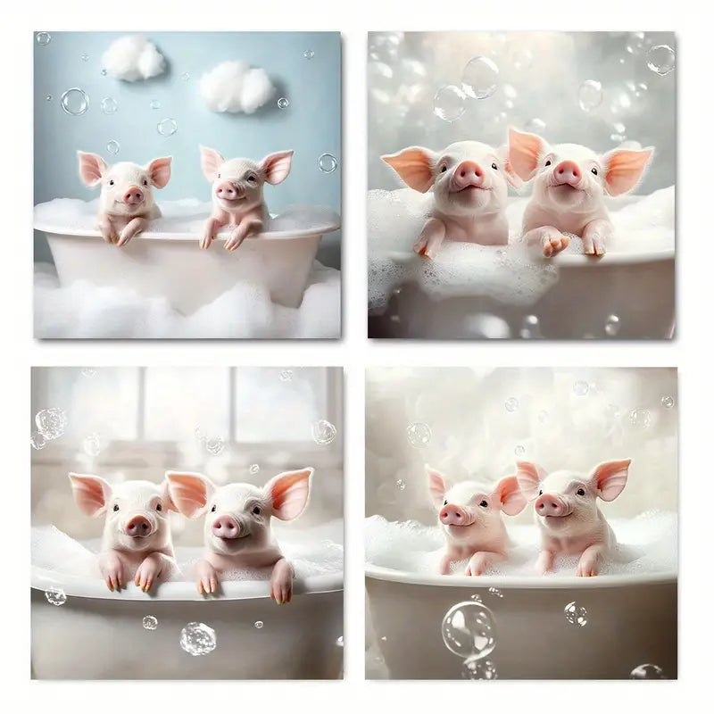 4pcs Cute Picture Of A Pig In A Bathtu Wall Art Canvas Framed