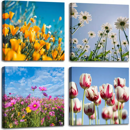 4pcs  Colorful Flowers,Tulips Wall Art Canvas Framed