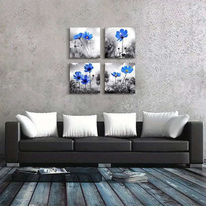 4pcs Black and White Abstract Plant Blue Flower  Wall Art Canvas Framed