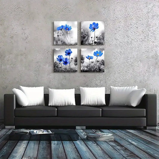4pcs Black and White Abstract Plant Blue Flower  Wall Art Canvas Framed