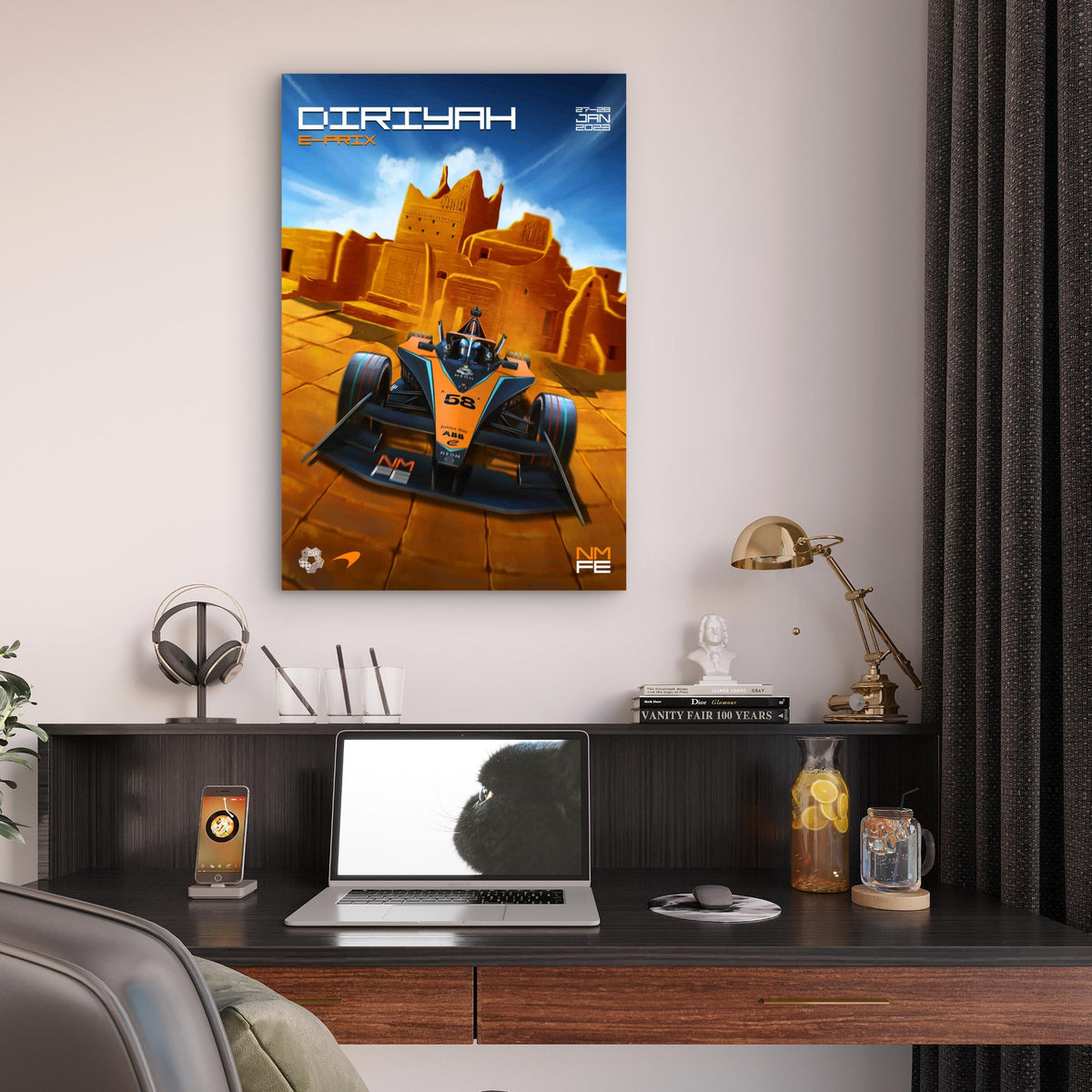Orange Electric Racing Car Desert Fort 60x90cm Metal Print Ready to Hang