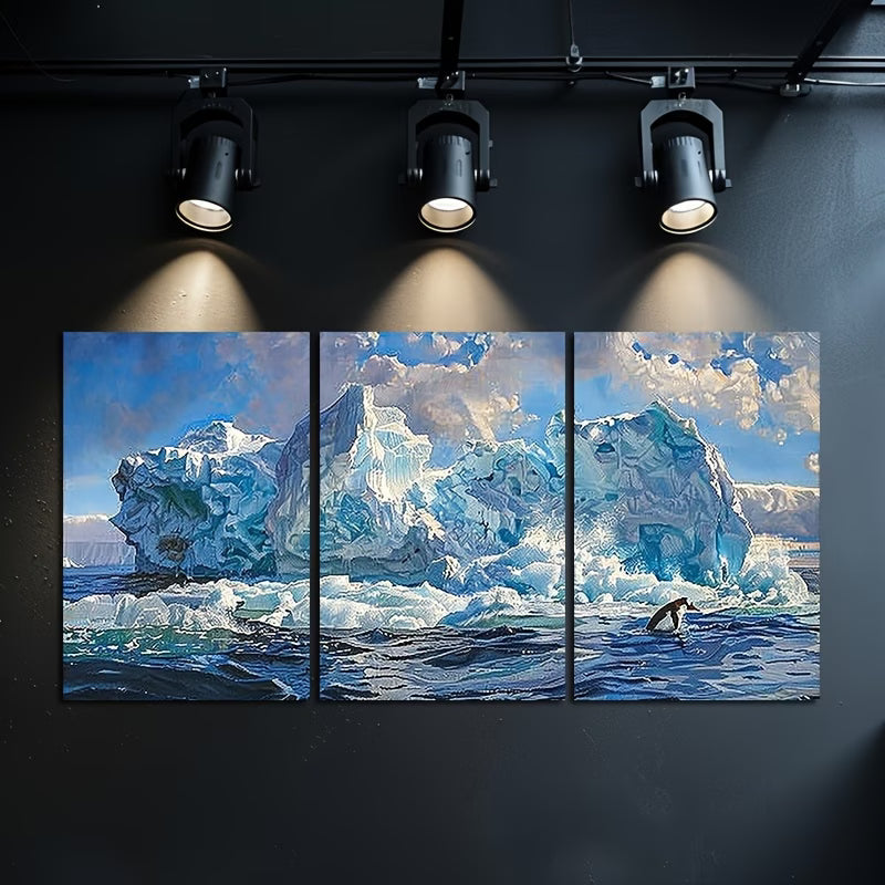 3pcs Iceberg Seascape Coastal Antarctica Scenery Wall Art Set Canvas Framed 60x90cm - High Quality Print 100% Australian Made Wall Canvas Ready to Hang