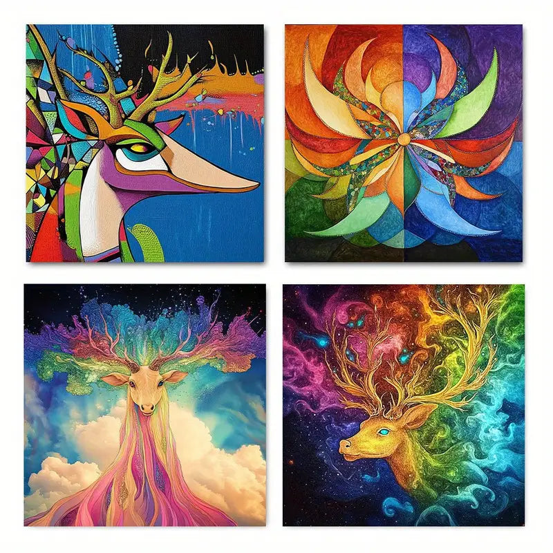 4pcs Vibrant Deer & Floral Wall Art Canvas Framed