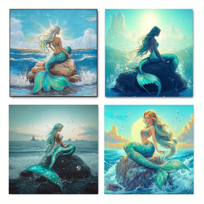 4pcs Vibrant Teal & Blue Tails Wall Art Canvas Framed