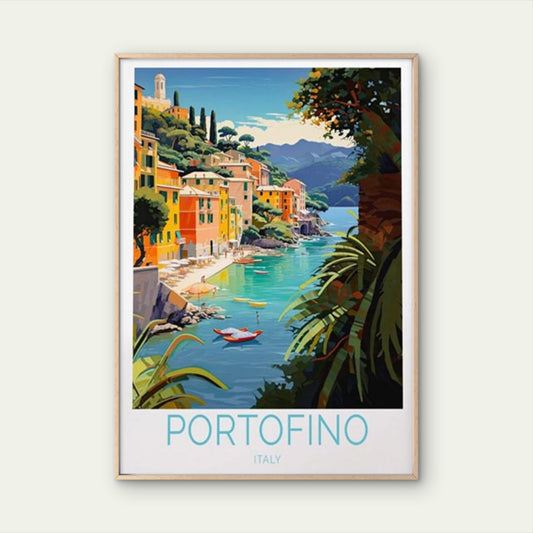 Portofino Italy, Coast & Beautiful Trees Travel Poster Print Wall Art