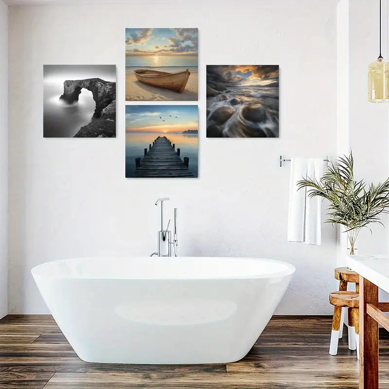 4pcs Sunset Sea And Boat Wall Art Canvas Framed