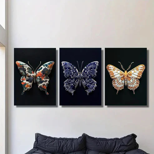 3pcs Japanese Butterfly on Black Background Wall Art Canvas Unframed – High Quality Print 100% Australian Made Wall Canvas