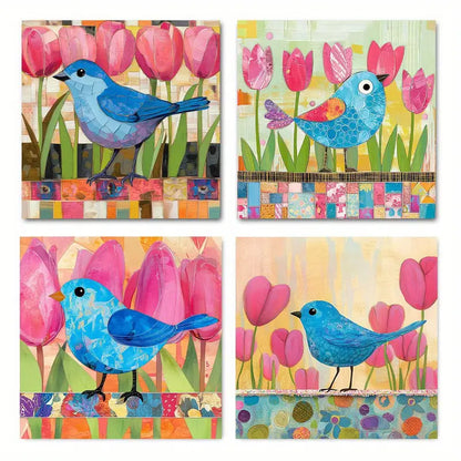 4pcs  Blue Bird & Tulip Floral  BB  Wall Art Canvas Framed