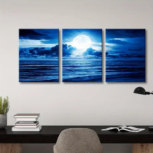 3pcs Blue Clouds Moonlit Seascape Metal Print Ready to Hang Art