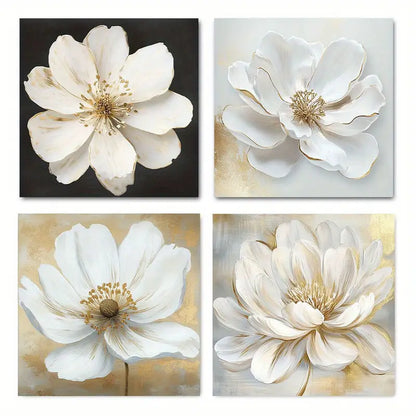 4pcs Elegant White FlowerWall Art Canvas Framed