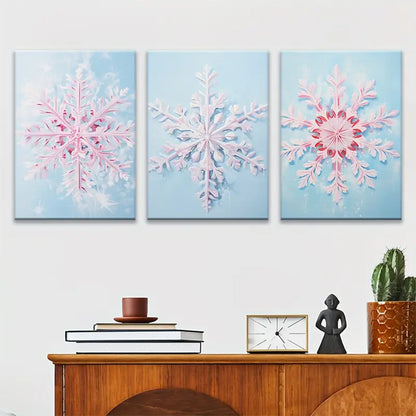 3pcs Pink Ice & Snowflake Contemporary Metal Print Ready to Hang Art