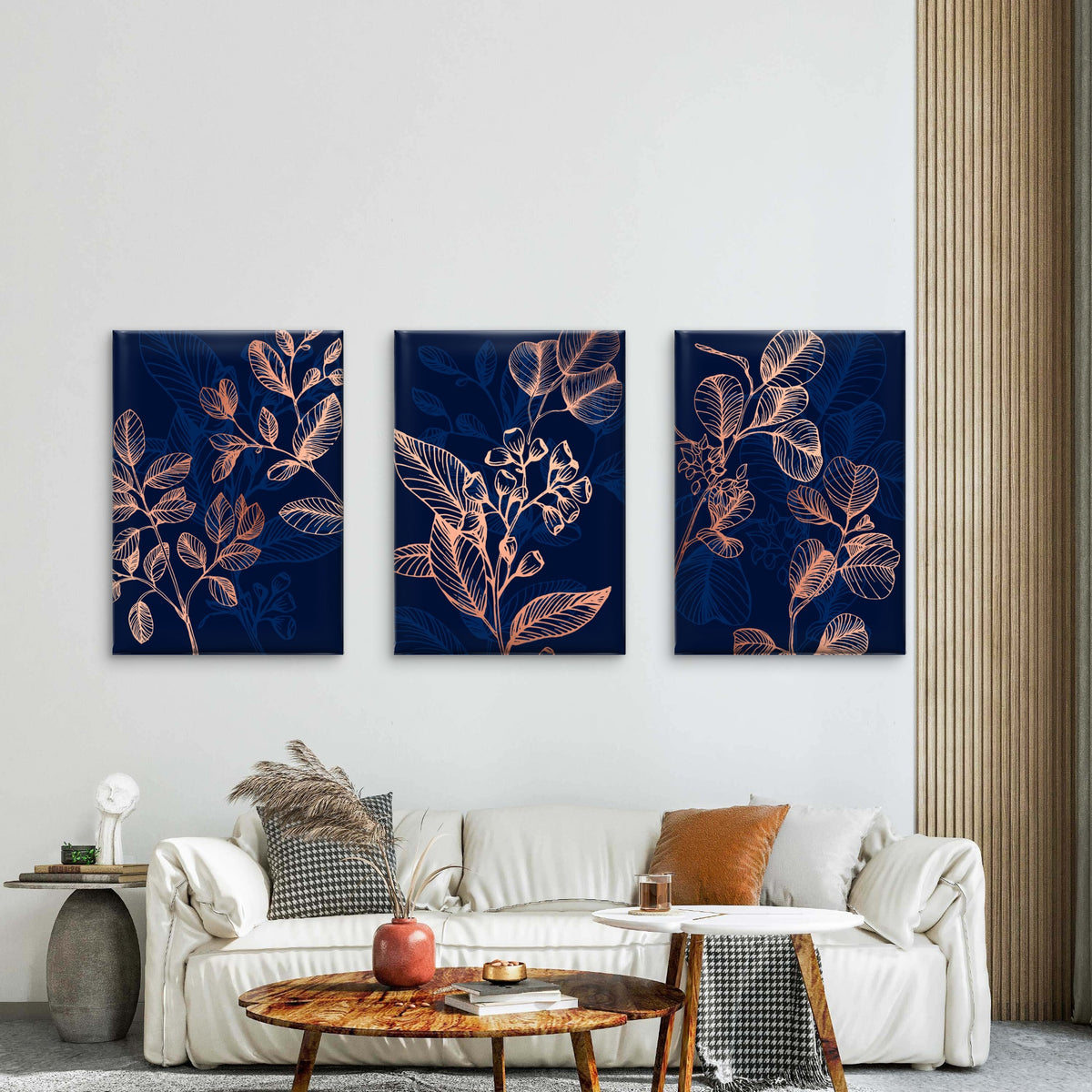 3pcs Native Eucalyptus Leaves Navy Rose Gold Wall Art Set Canvas Framed 40x60cm - High Quality Print 100% Australian Made Wall Canvas Ready to Hang